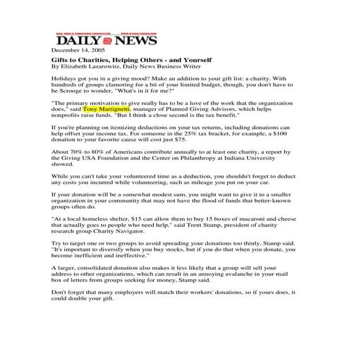 Tony Martignetti Quoted in NY Daily News