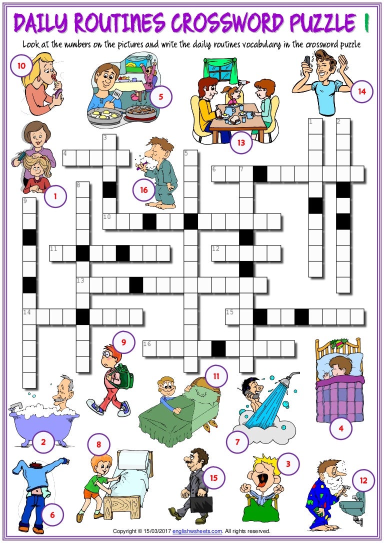 daily routines vocabulary esl crossword puzzle worksheets for kids