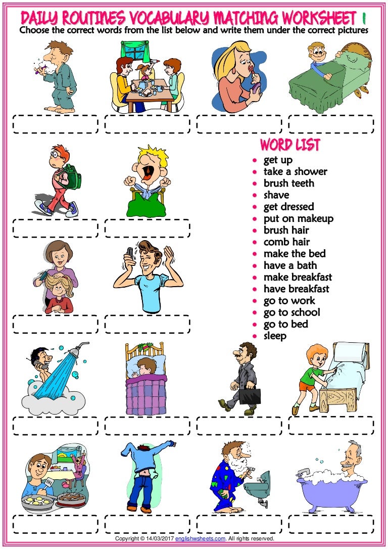 daily routines vocabulary esl matching exercise worksheets for kids