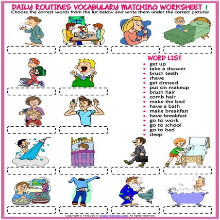 Daily routines vocabulary esl matching exercise worksheets for kids | PDF
