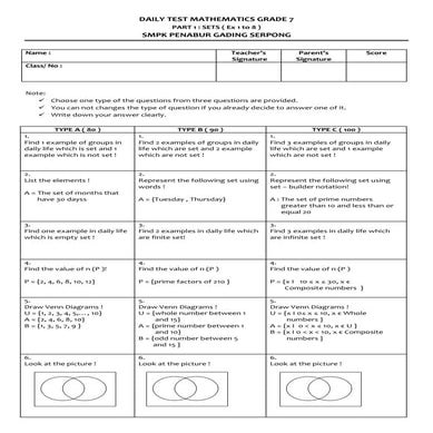 Daily test mathematics grade 7 sets part 1