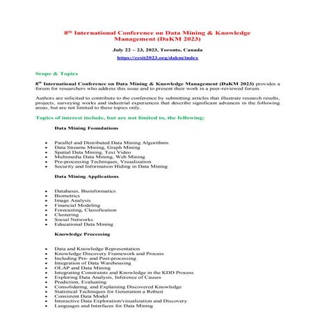 SUBMIT YOUR ARTICLES - 8 th International Conference on Data Mining & Knowled...