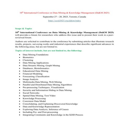 10th International Conference on Data Mining & Knowledge Management (DaKM 2025)