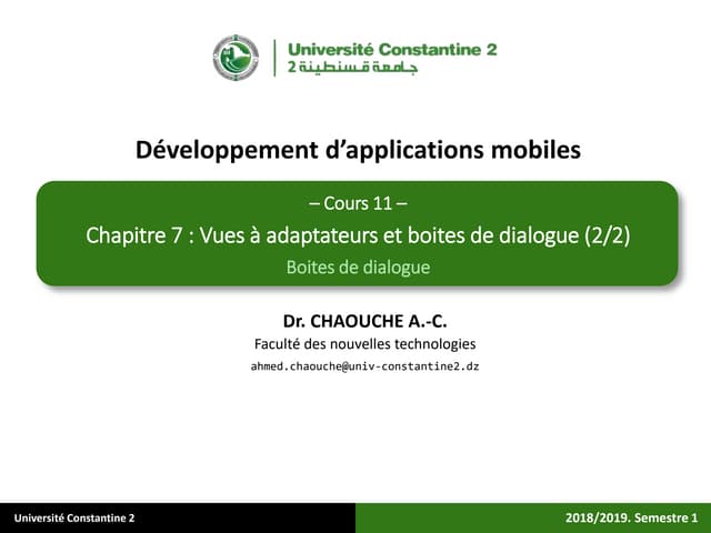 Applications Android - cours 11 : Boites de dialogue