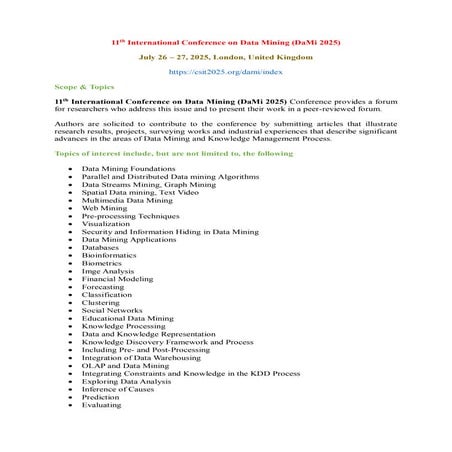11th International Conference on Data Mining (DaMi 2025)