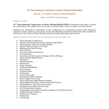 11th International Conference on Data Mining (DaMi 2025)