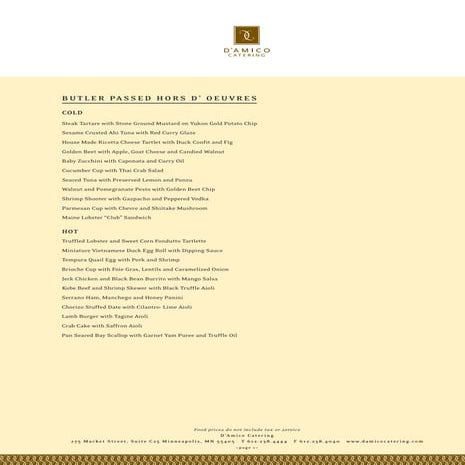 D'Amico Catering Showcase Menu