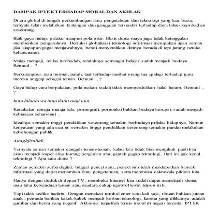 Dampak iptek terhadap moral dan akhlak
