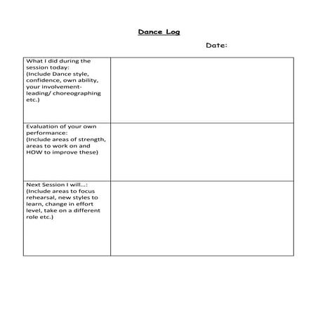 Dance log writing frame | DOCX