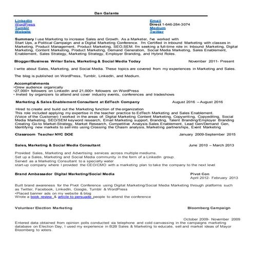 Dan Galante Chronological Marketing Resume hard copy