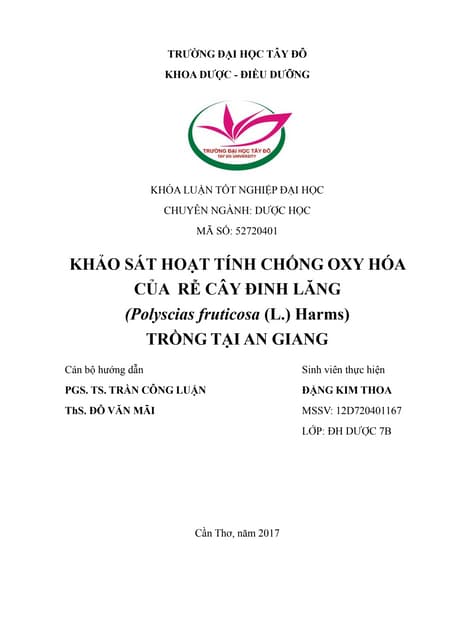 Đề tài: Khảo sát hoạt tính chống oxy hóa của rễ cây Đinh lăng, 9đ