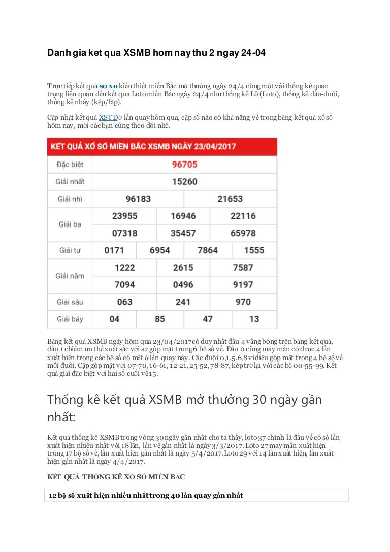 Danh gia ket qua xsmb hom nay thu 2 ngay 24 - 04