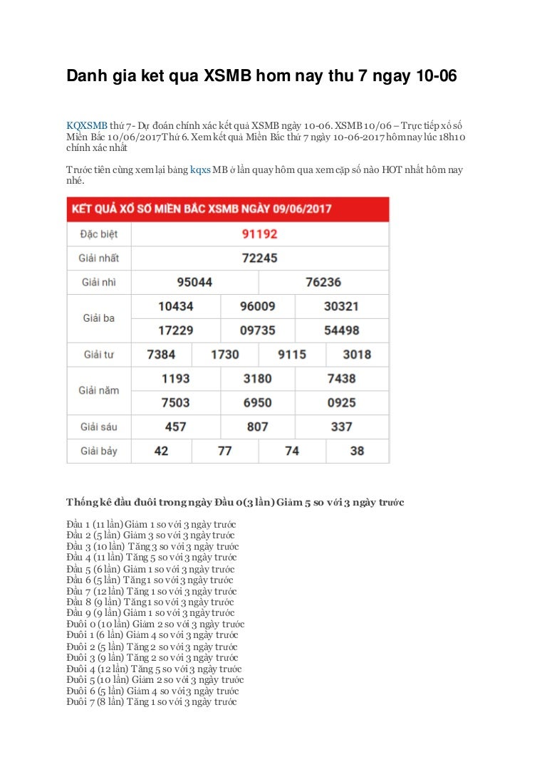 Danh gia ket qua xsmb hom nay thu 7 ngay 10 - 06