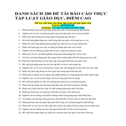 Danh Sách 200 Đề Tài Báo Cáo Thực Tập Luật Giáo Dục, Điểm Cao