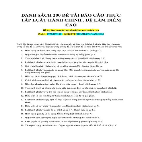 Danh Sách 200 Đề Tài Báo Cáo Thực Tập Luật Hành Chính, Dễ Làm Điểm Cao