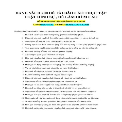 Danh Sách 200 Đề Tài Báo Cáo Thực Tập Luật Hình Sự , Dễ Làm Điểm Cao