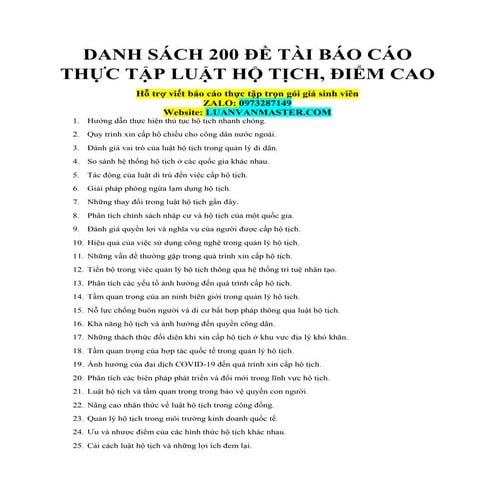 Danh Sách 200 Đề Tài Báo Cáo Thực Tập Luật Hộ Tịch, Điểm Cao