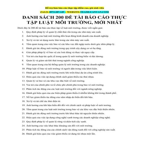 Danh Sách 200 Đề Tài Báo Cáo Thực Tập Luật Môi Trường, Mới Nhất