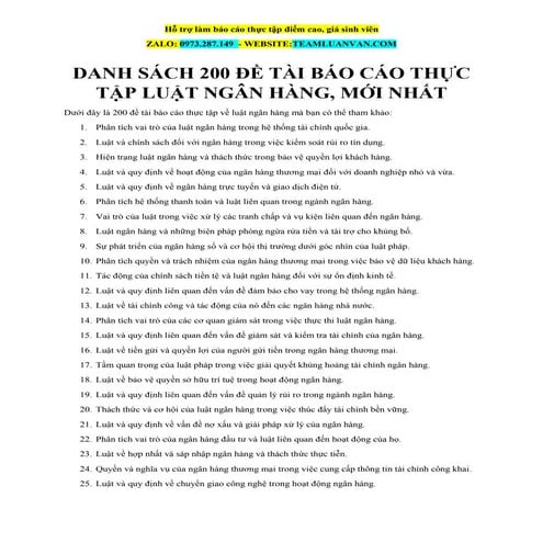 Danh Sách 200 Đề Tài Báo Cáo Thực Tập Luật Ngân Hàng, Mới Nhất