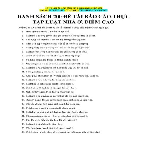 Danh Sách 200 Đề Tài Báo Cáo Thực Tập Luật Nhà Ở, Điểm Cao