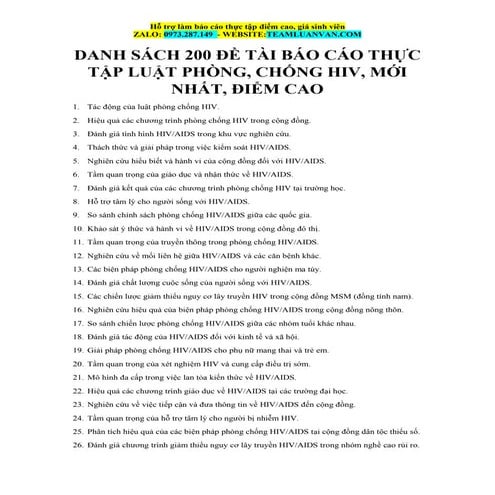 Danh Sách 200 Đề Tài Báo Cáo Thực Tập Luật Phòng, Chống Hiv, Mới Nhất, Điểm Cao