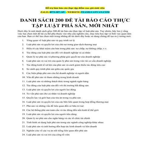 Danh Sách 200 Đề Tài Báo Cáo Thực Tập Luật Phá Sản, Mới Nhất