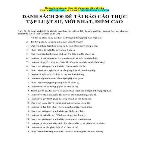 Danh Sách 200 Đề Tài Báo Cáo Thực Tập Luật Sư, Mới Nhất, Điểm Cao