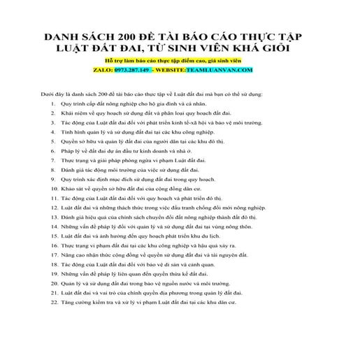Danh Sách 200 Đề Tài Báo Cáo Thực Tập Luật Đất Đai, Từ Sinh Viên Khá Giỏi