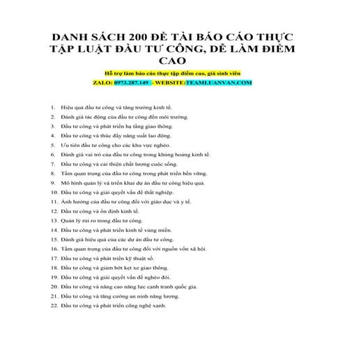 Danh Sách 200 Đề Tài Báo Cáo Thực Tập Luật Đầu Tư Công, Dễ Làm Điểm Cao
