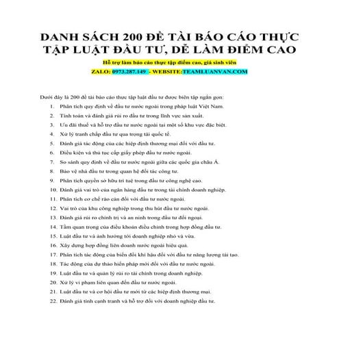 Danh Sách 200 Đề Tài Báo Cáo Thực Tập Luật Đầu Tư, Dễ Làm Điểm Cao