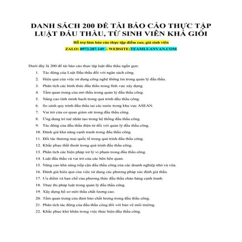 Danh Sách 200 Đề Tài Báo Cáo Thực Tập Luật Đấu Thầu, Từ Sinh Viên Khá Giỏi