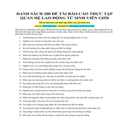 Danh Sách 200 Đề Tài Báo Cáo Thực Tập Quan Hệ Lao Động Từ Sinh Viên Giỏi