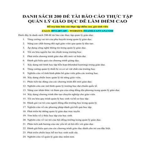 Danh Sách 200 Đề Tài Báo Cáo Thực Tập Quản Lý Giáo Dục Dễ Làm Điểm Cao