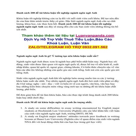 Danh Sách 200 Đề Tài Khóa Luận Tốt Nghiệp Ngành Ngôn Ngữ Anh