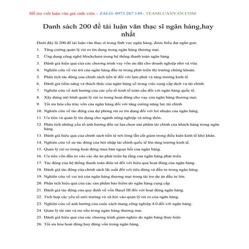 Danh sách 200 đề tài luận văn thạc sĩ ngân hàng, hay nhất