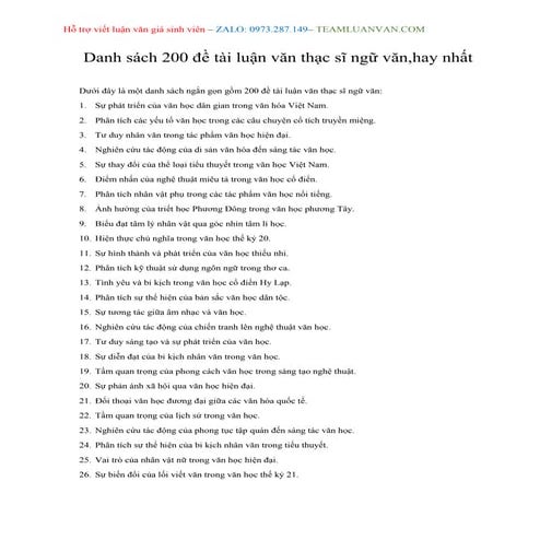 Danh sách 200 đề tài luận văn thạc sĩ ngữ văn, hay nhất