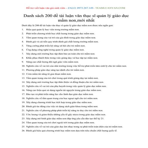 Danh sách 200 đề tài luận văn thạc sĩ quản lý giáo dục mầm non, mới nhất