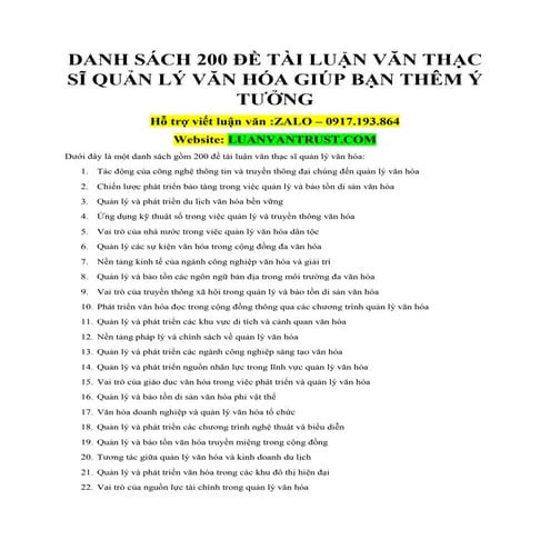 Danh Sách 200 Đề Tài Luận Văn Thạc Sĩ Quản Lý Văn Hóa Giúp Bạn Thêm Ý Tưởng
