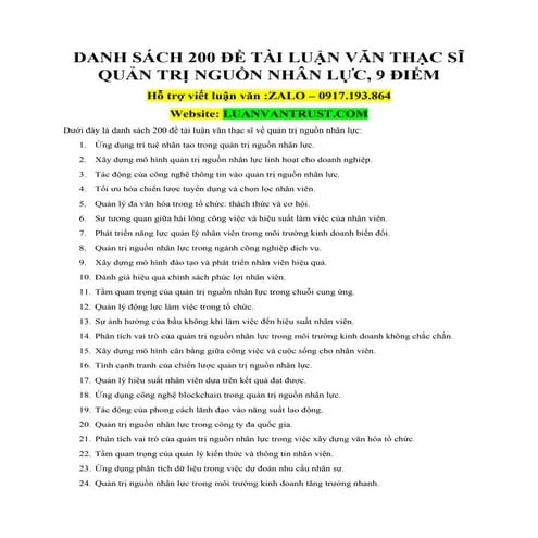 Danh Sách 200 Đề Tài Luận Văn Thạc Sĩ Quản Trị Nguồn Nhân Lực, 9 Điểm