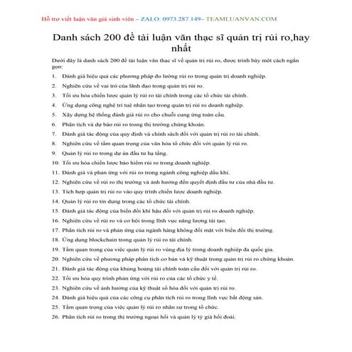 Danh sách 200 đề tài luận văn thạc sĩ quản trị rủi ro, hay nhất