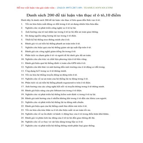 Danh sách 200 đề tài luận văn thạc sĩ ô tô, 10 điểm