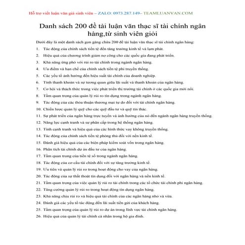 Danh sách 200 đề tài luận văn thạc sĩ tài chính ngân hàng, từ sinh viên giỏi