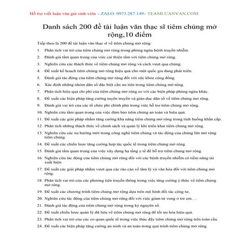 Danh sách 200 đề tài luận văn thạc sĩ tiêm chủng mở rộng, 10 điểm
