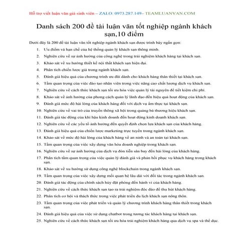 Danh sách 200 đề tài luận văn tốt nghiệp ngành khách sạn,10 điểm