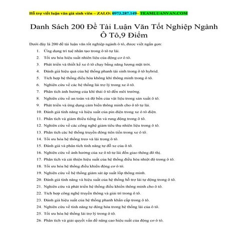 Danh Sách 200 Đề Tài Luận Văn Tốt Nghiệp Ngành Ô Tô, 9 điểm
