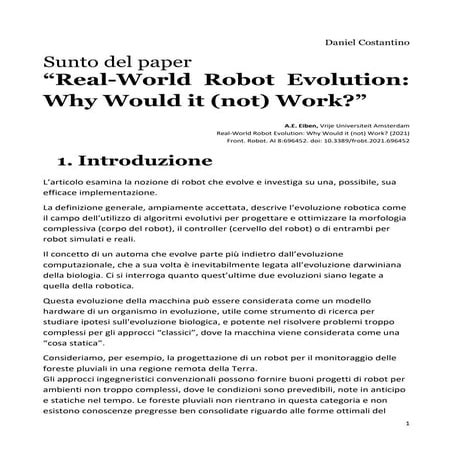 Riassunto di "Real World Robot Evolution Why Would it (not) Work?" ​
