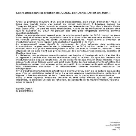 Lettre de Daniel Defert proposant la création de AIDES (29 septembre 1984)