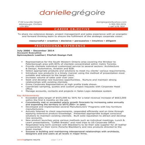 Danielle Gregoire resume - outside sales, business development, A+D rep