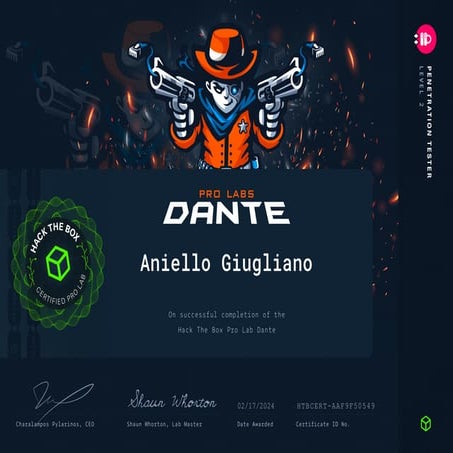 Dante Pro Lab Hack The Box Certificate of completition | PDF