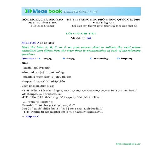 Đáp Án Siêu Chi Tiết Môn Tiếng Anh THPT Quốc Gia 2016 - Megabook.vn